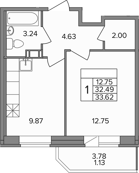 Планировка — Капральский, 1-комн., 32 м²