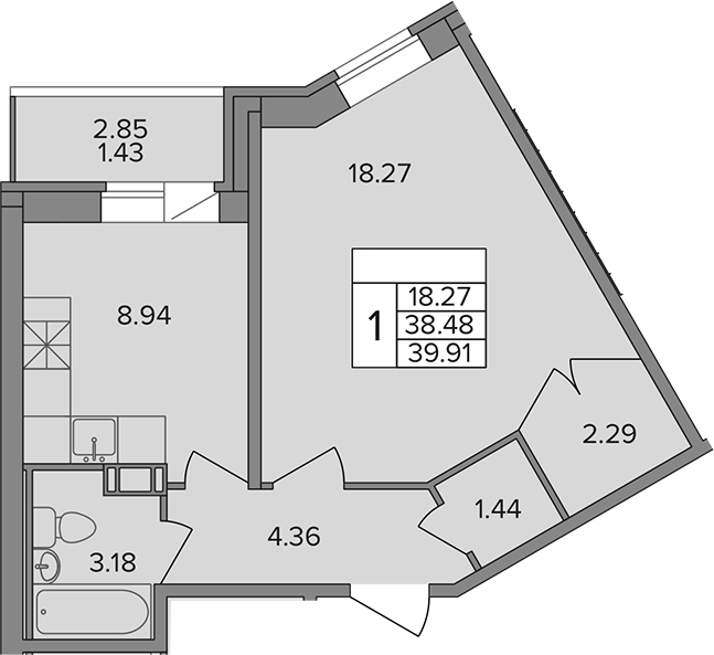 Планировка — Капральский, 1-комн., 38 м²