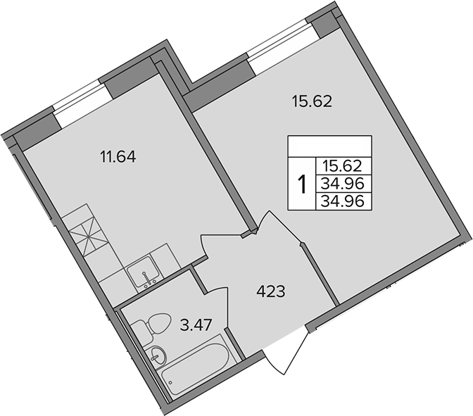 Планировка — Капральский, 1-комн., 35 м²