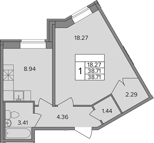 Планировка — Капральский, 1-комн., 39 м²