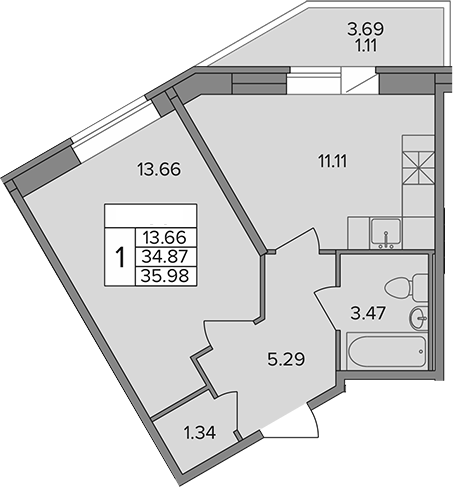 Планировка — Капральский, 1-комн., 35 м²