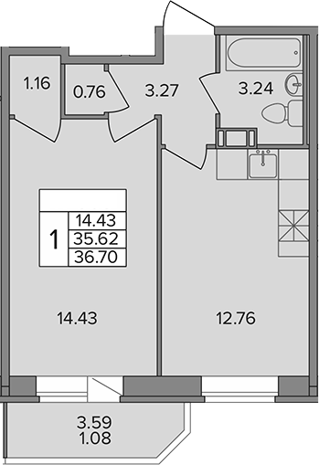 Планировка — Капральский, 1-комн., 36 м²