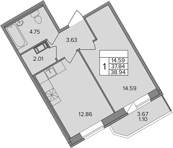 Планировка — Капральский, 1-комн., 38 м²