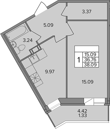 Планировка — Капральский, 1-комн., 37 м²
