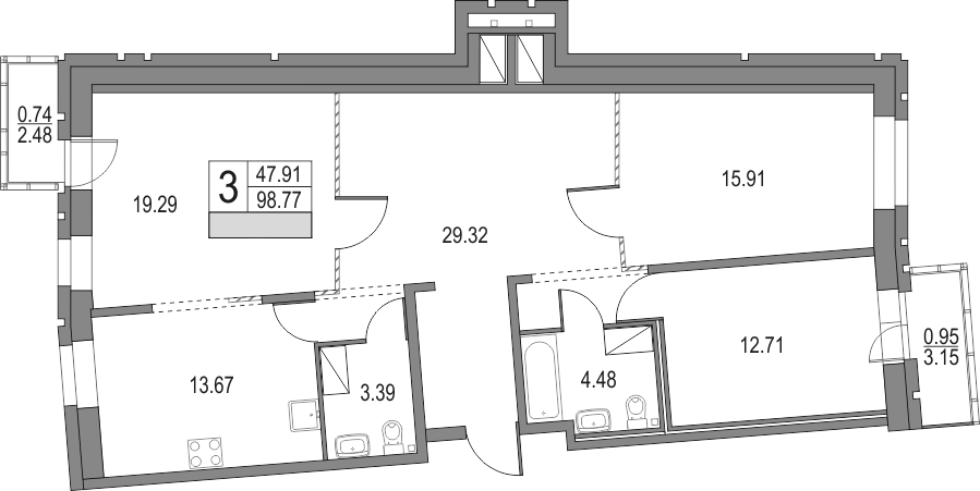 Планировка — Приморский квартал, 3-комн., 99 м²