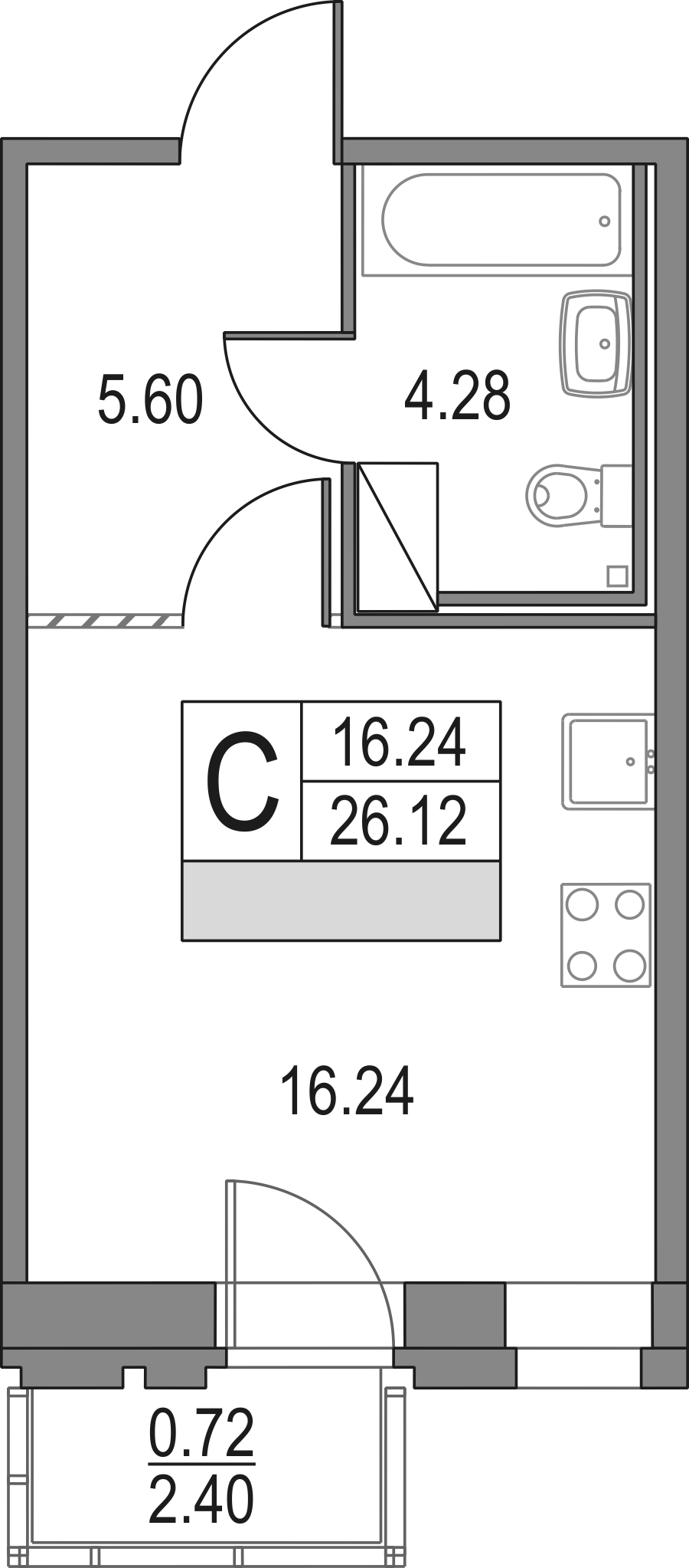 Планировка — Приморский квартал, Студия, 26 м²