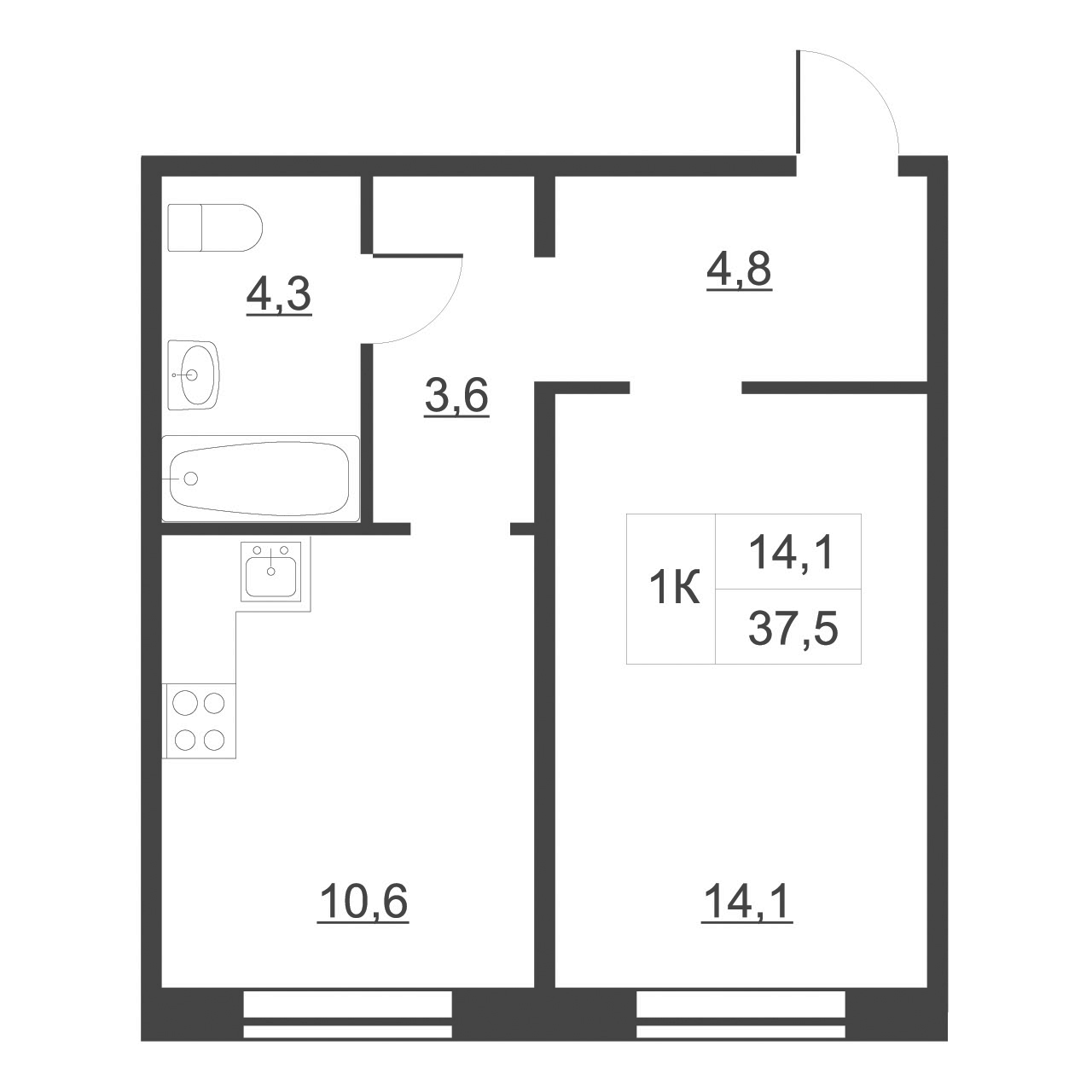 Планировка — Дом на набережной. Атлантика, 1-комн., 38 м²