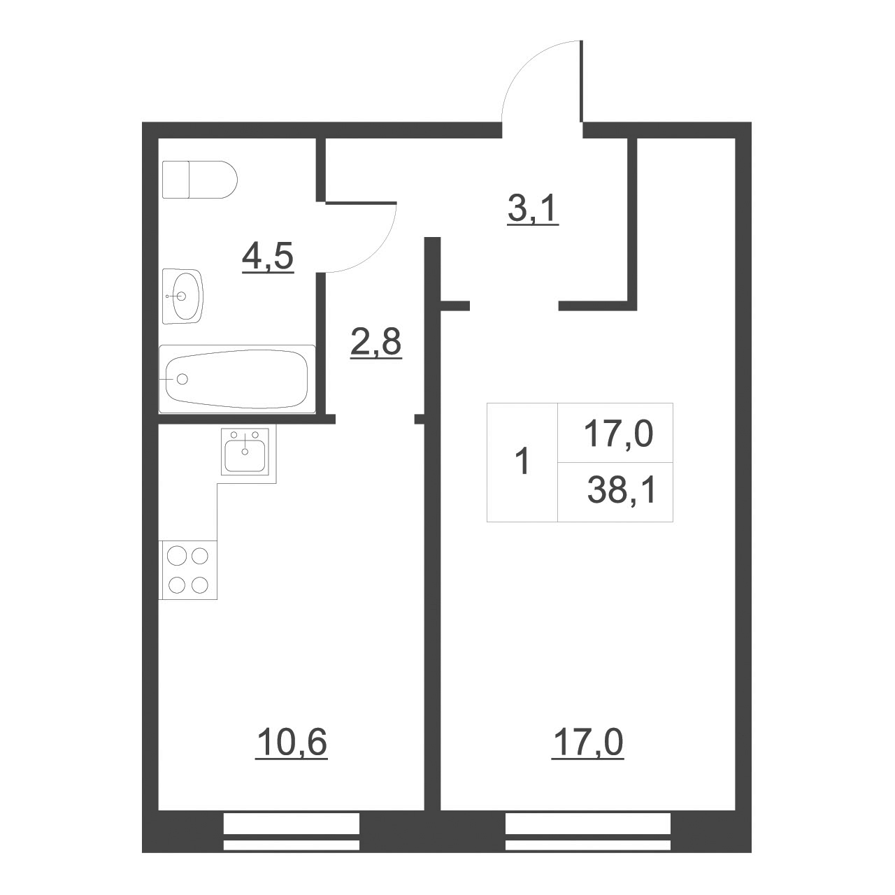 Планировка — Дом на набережной. Атлантика, 1-комн., 39 м²
