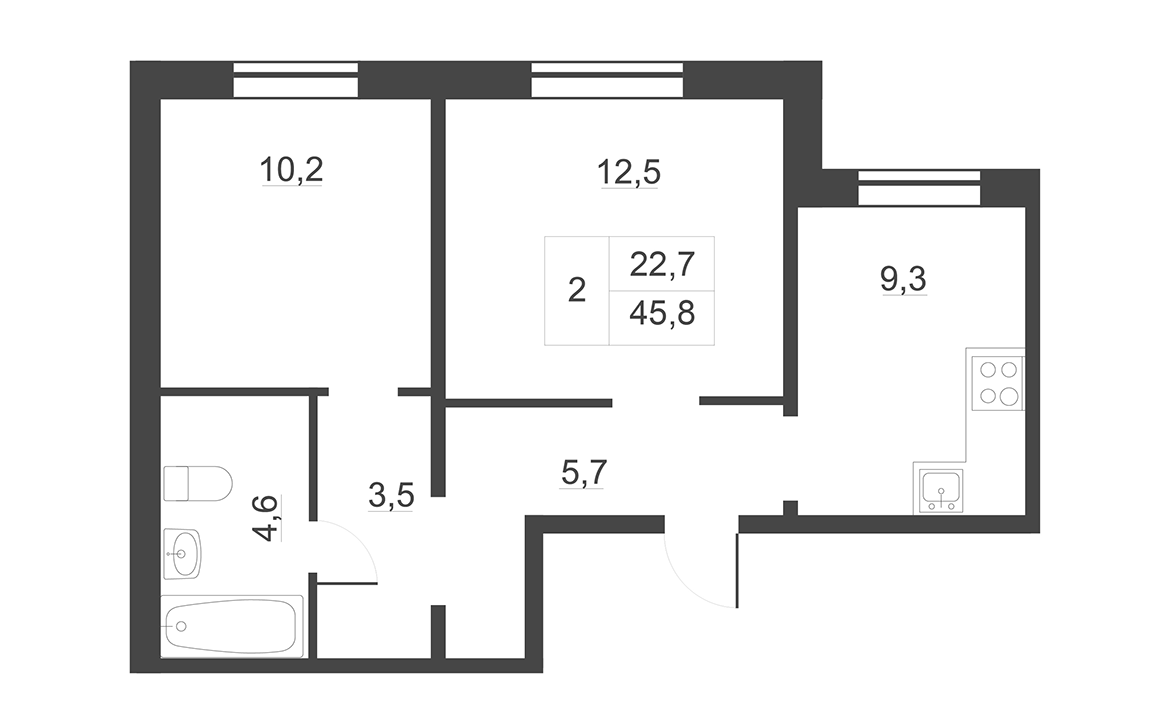 Планировка — Дом на набережной. Атлантика, 2-комн., 46 м²