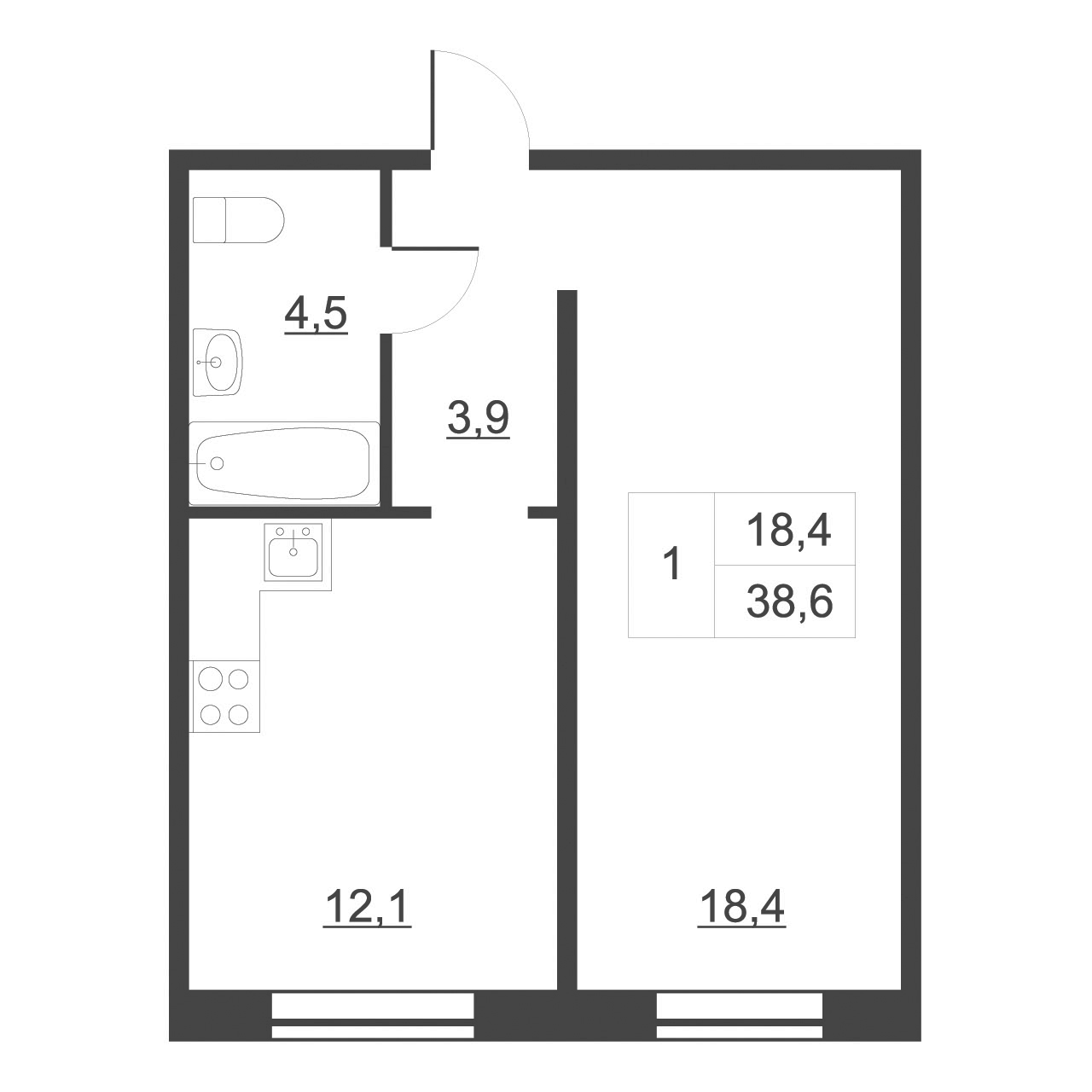 Планировка — Дом на набережной. Атлантика, 1-комн., 38 м²