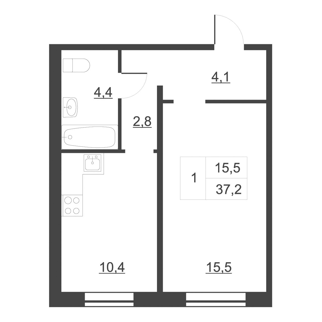 Планировка — Дом на набережной. Атлантика, 1-комн., 39 м²