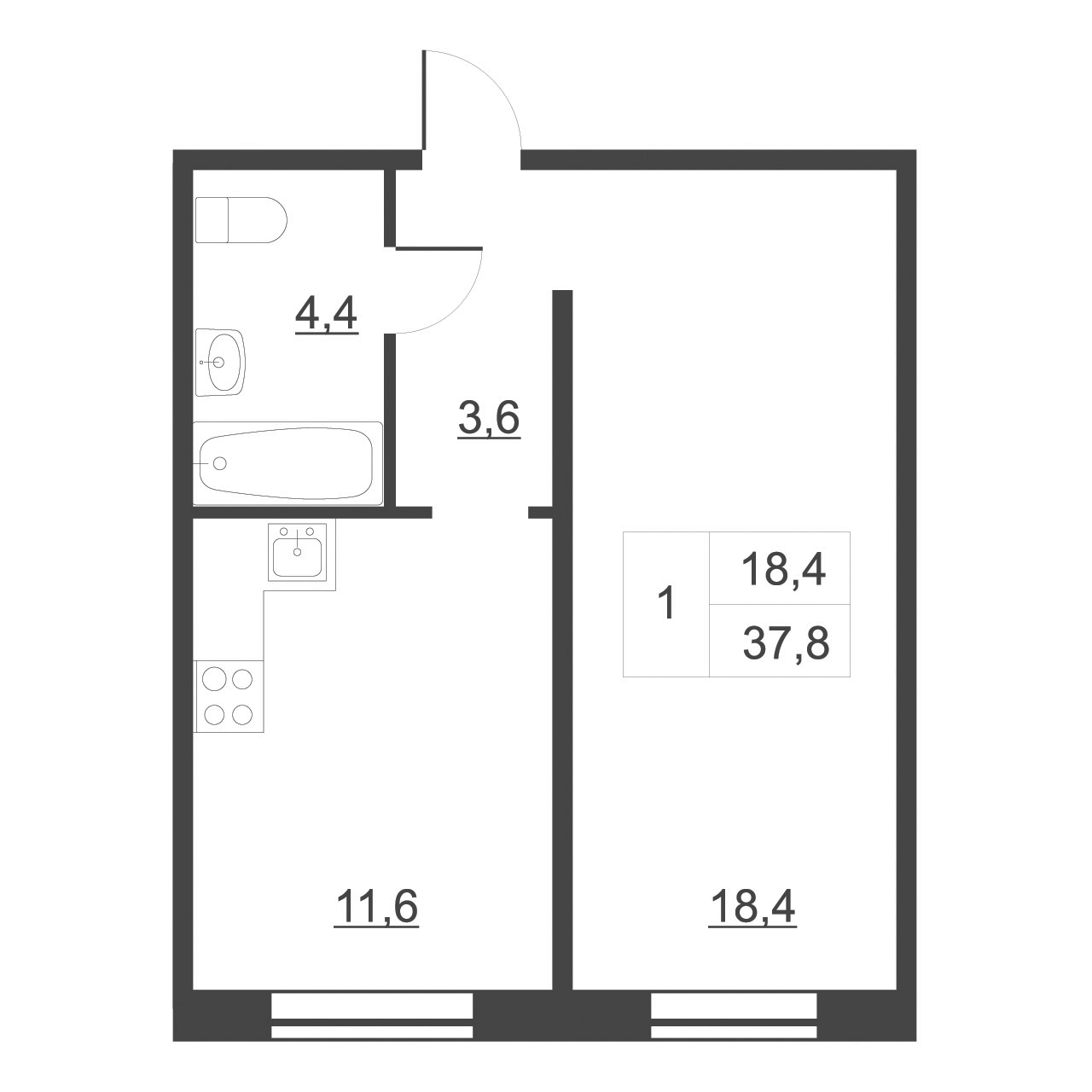Планировка — Дом на набережной. Атлантика, 1-комн., 39 м²