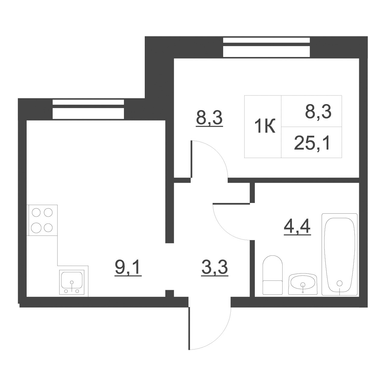 Планировка — Дом на набережной. Атлантика, 1-комн., 26 м²