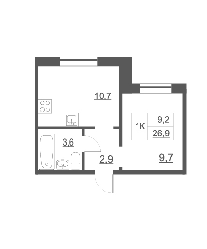 Планировка — Дом на набережной. Атлантика, 1-комн., 27 м²