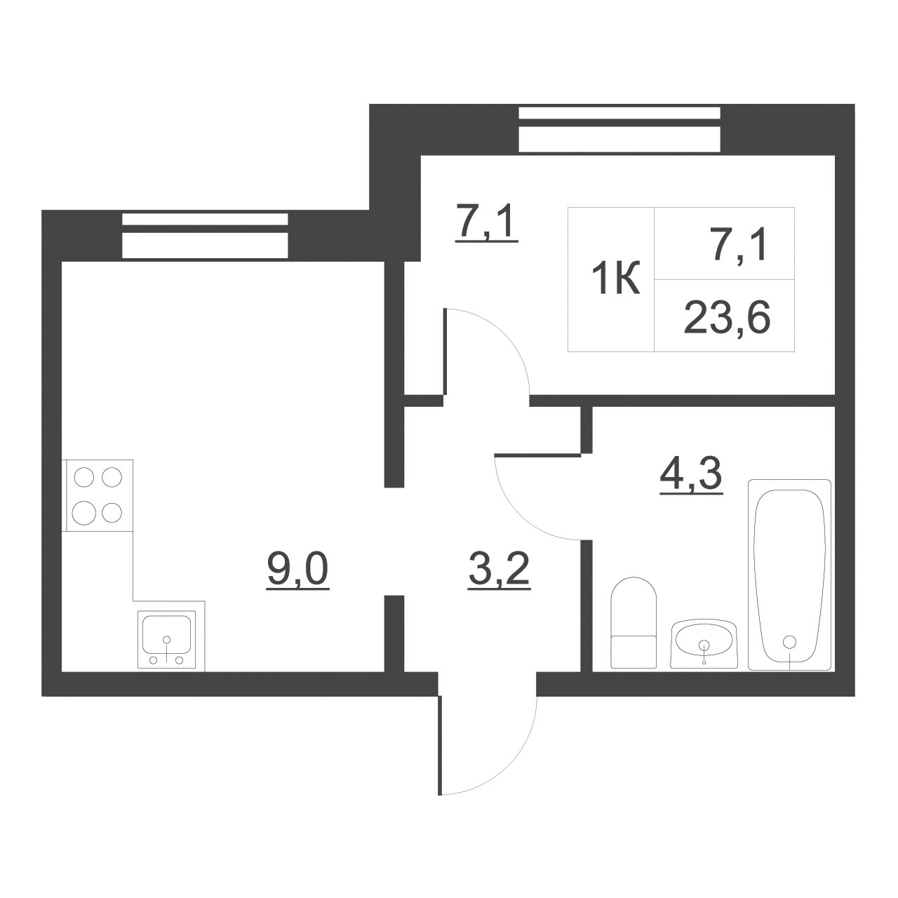 Планировка — Дом на набережной. Атлантика, 1-комн., 24 м²