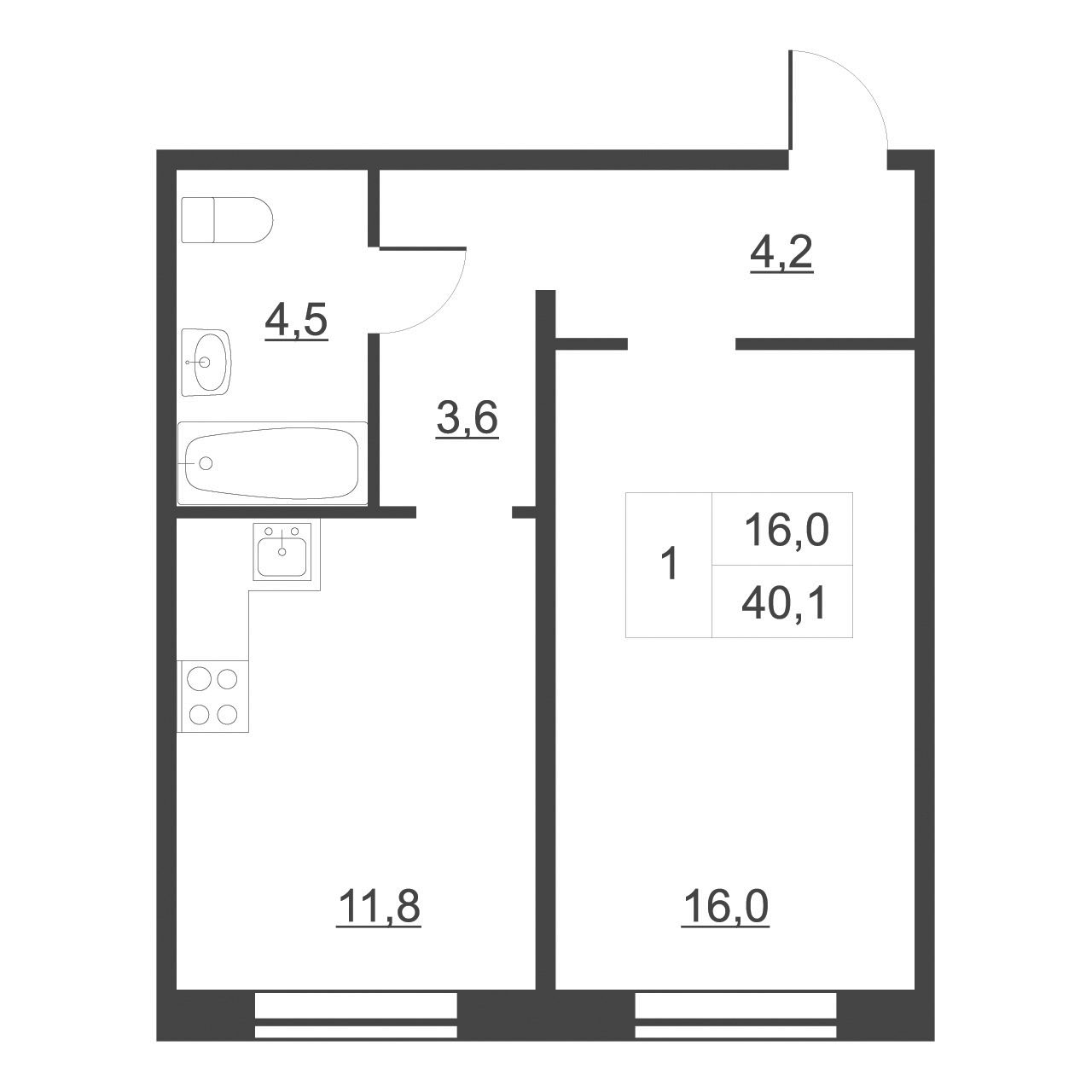 Планировка — Дом на набережной. Атлантика, 1-комн., 41 м²
