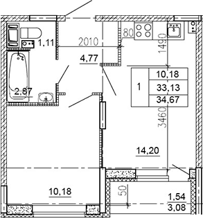 Планировка — Рубеж, 1-комн., 32 м²