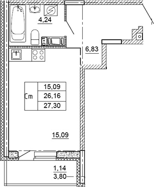 Планировка — Рубеж, Студия, 26 м²