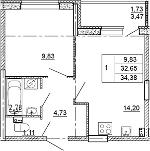 Планировка — Рубеж, 1-комн., 33 м²