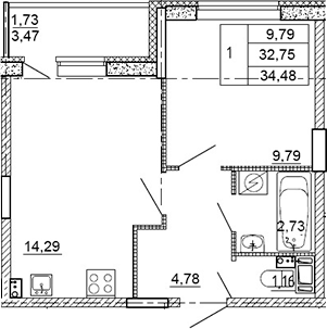 Планировка — Рубеж, 1-комн., 31 м²