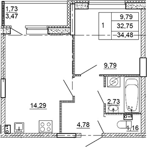 Планировка — Рубеж, 1-комн., 33 м²