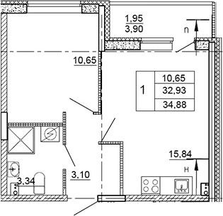 Планировка — Рубеж, 2-комн., 33 м²