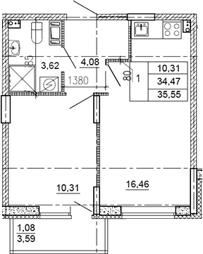 Планировка — Рубеж, 2-комн., 34 м²