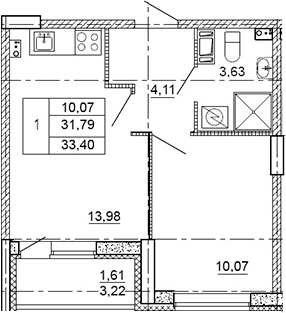 Планировка — Рубеж, 1-комн., 31 м²