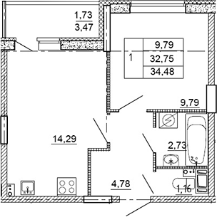 Планировка — Рубеж, 1-комн., 33 м²