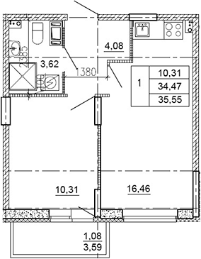 Планировка — Рубеж, 2-комн., 34 м²