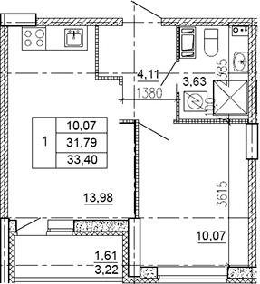 Планировка — Рубеж, 1-комн., 31 м²