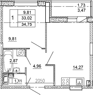 Планировка — Рубеж, 1-комн., 32 м²