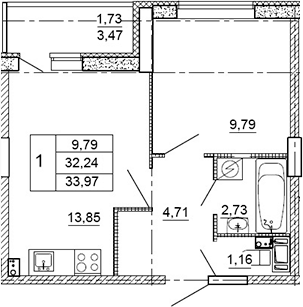 Планировка — Рубеж, 1-комн., 31 м²
