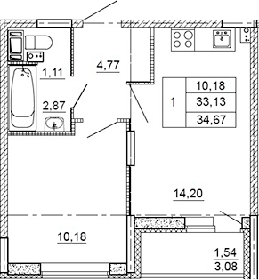 Планировка — Рубеж, 1-комн., 31 м²