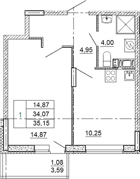 Планировка — Рубеж, 1-комн., 32 м²
