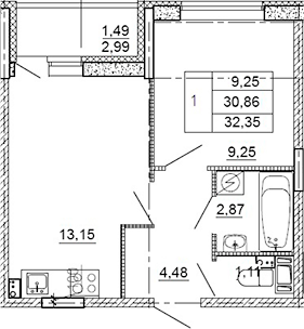 Планировка — Рубеж, 1-комн., 29 м²