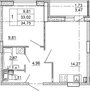 Планировка — Рубеж, 1-комн., 32 м²