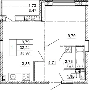 Планировка — Рубеж, 1-комн., 32 м²