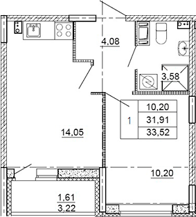 Планировка — Рубеж, 1-комн., 30 м²