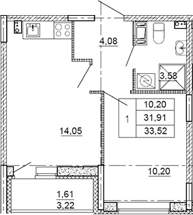 Планировка — Рубеж, 1-комн., 30 м²