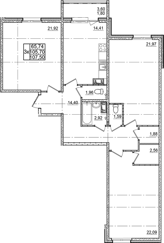 Планировка — Granholm Village, 3-комн., 106 м²