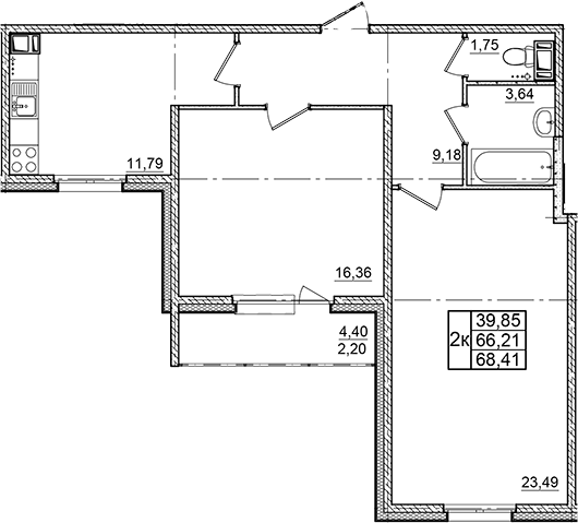 Планировка — Granholm Village, 2-комн., 66 м²