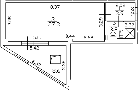 Планировка — Odoevskij 17, Студия, 34 м²