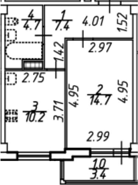 Планировка — Южная звезда, 1-комн., 39 м²