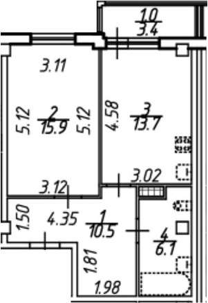 Планировка — Южная звезда, 1-комн., 48 м²