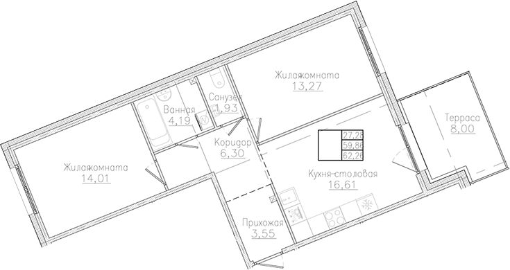 Планировка — Счастье 2.0, 2-комн., 60 м²