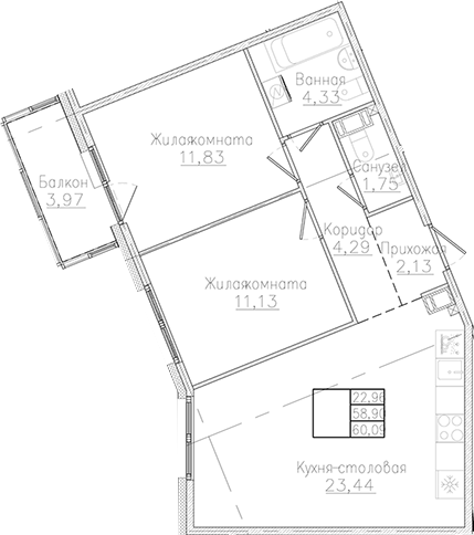 Планировка — Счастье 2.0, 2-комн., 59 м²