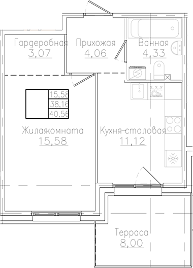 Планировка — Счастье 2.0, 1-комн., 38 м²