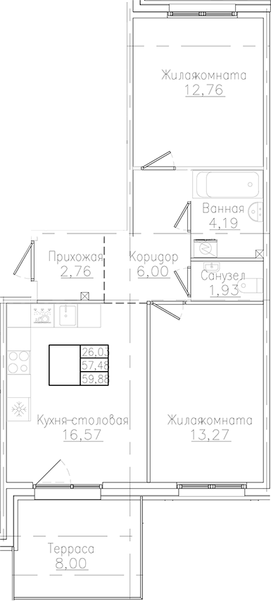 Планировка — Счастье 2.0, 2-комн., 57 м²