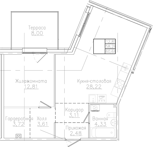 Планировка — Счастье 2.0, 1-комн., 58 м²